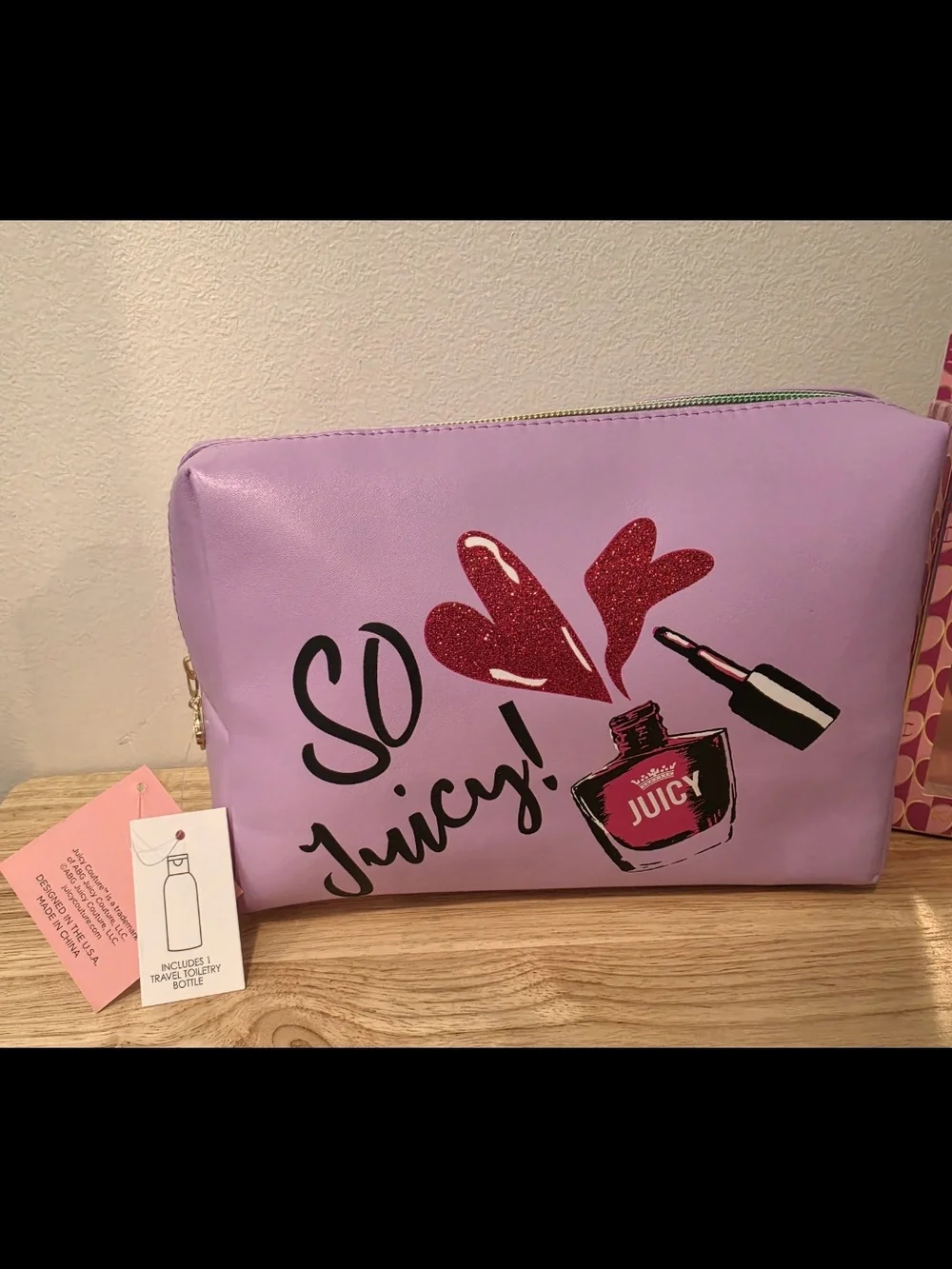 NWT Juicy Couture Pink Lilac 'So Juicy' Cosmetic Pouch with Red Glitter Heart